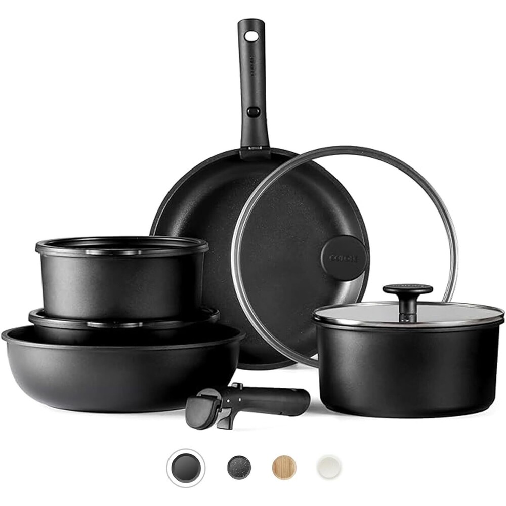 CAROTE 11pcs Nonstick Cookware Set With Detachable Handle, Oven Safe Black